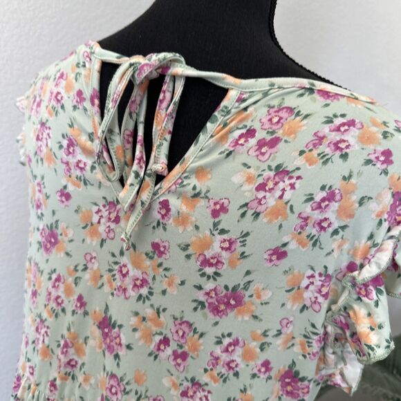 Culture Code Light Green Floral Ruffle Accent Baby Doll Mini Dress Size Large - Picture 8 of 12